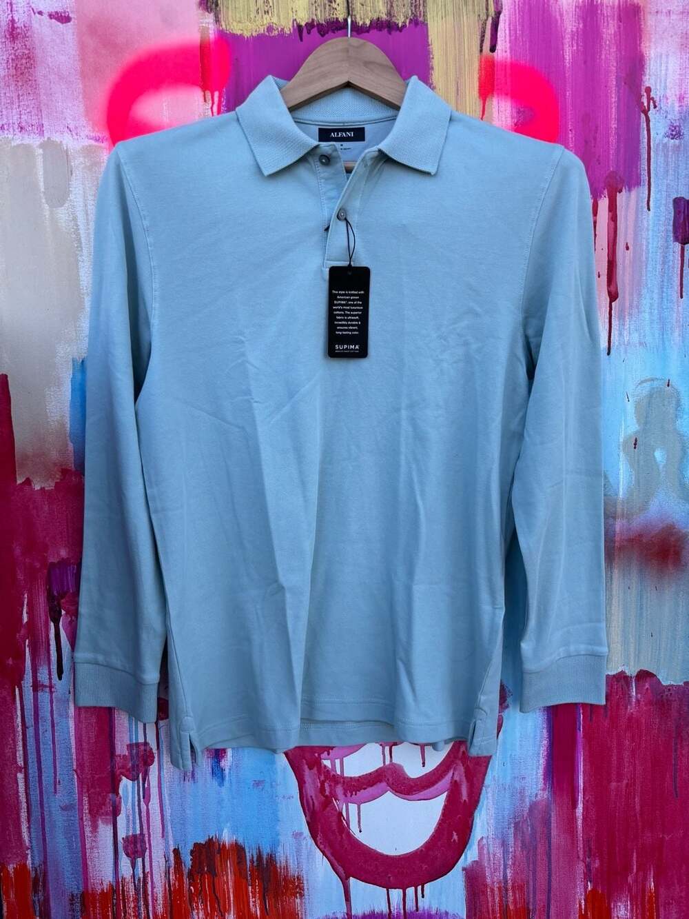 Alfani Men's LS Supima Cotton Blend Polo Shirt, Cloud Blue, Size Medium